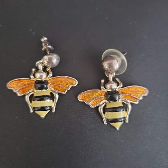 VTG MJ Brooch Pendant Earrings Bumble Bees Enamel Jewelry Designer Signed 70's - Picture 3 of 7